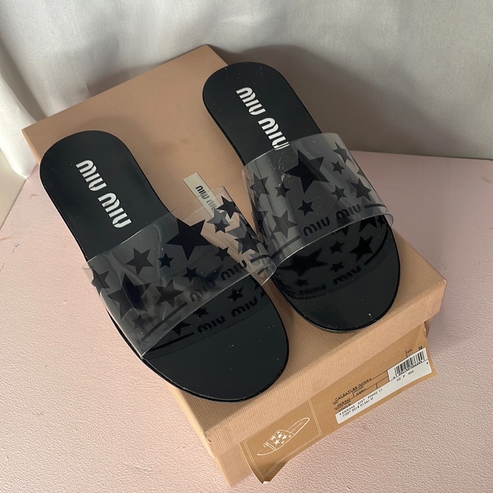 Miu Miu Black 10mm Stars Plexi Slide Sandals